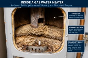 Close-up view of heavy sediment buildup inside a residential gas water heater tank showing mineral deposits, corrosion, and reduced heating efficiency due to lack of maintenance.